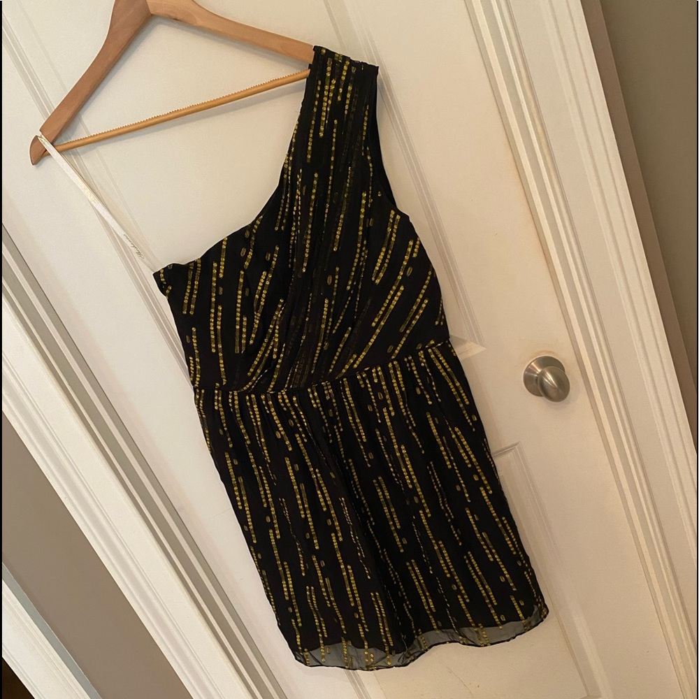 Shoshanna Black with Gold Metallic Accents One Shoulder Dress